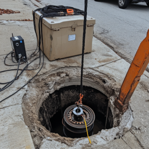 u8146313575 advanced sewer camera system being lowered into m 654f1db5 6cd6 41ad ba1c 9c81dafd92d8 0
