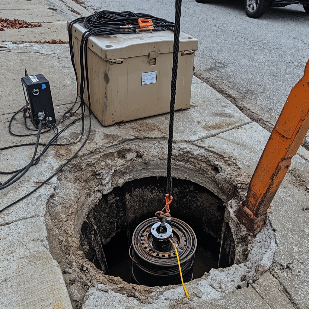 u8146313575 advanced sewer camera system being lowered into m 654f1db5 6cd6 41ad ba1c 9c81dafd92d8 0